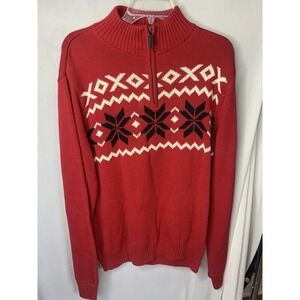 Mens M Chaps Fair Isle Red‎ Turtle Neck Sweater 1/4 pullover Thick Knit Cotton